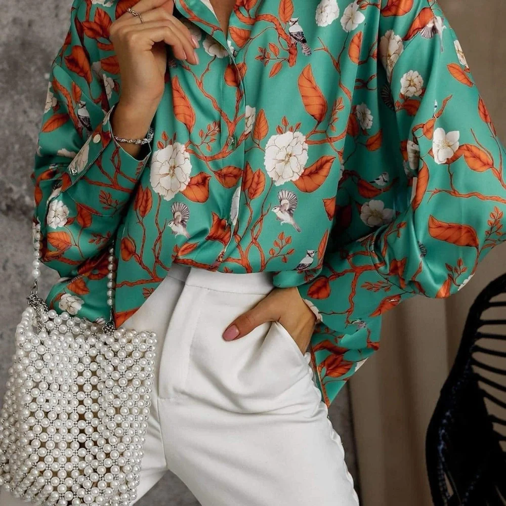 Oversized Floral Satin Button-Up Blouse – Teal Orange Print (New With Tag) - Picture 2 of 9